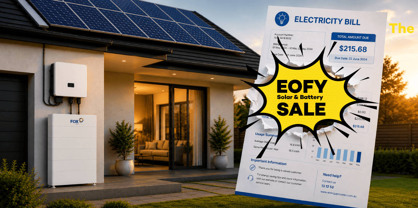 Solar panels and battery storage on a home roof